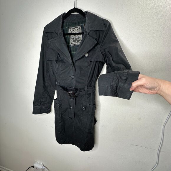 Guess Black Button Down Belted Trench Coat Navy and Green Plaid Interior M - Picture 4 of 13
